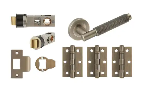 Click Here To Enlarge This Photo Of JTDP71800 Jigtech Matt Antique Brass 'Textura' Passage Door Pack (57mm Backset and 3" Hinges)