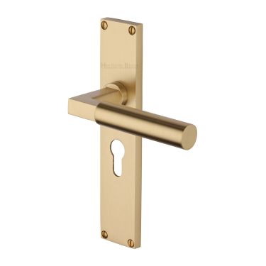 Click Here To Enlarge This Photo Of VT6348-SB Heritage Brass Bauhaus Euro Profile Door Handle on 200mm Plate Satin Brass finish