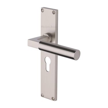 Click Here To Enlarge This Photo Of VT6348-SN Heritage Brass Bauhaus Euro Profile Door Handle on 200mm Plate Satin Nickel finish