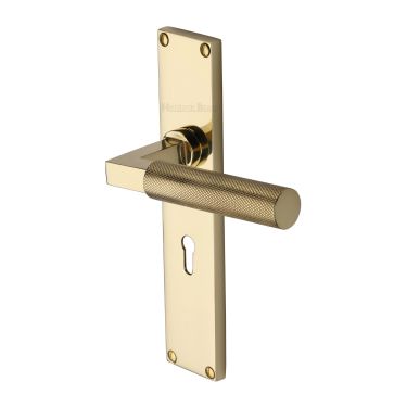 Click Here To Enlarge This Photo Of VT9300-PB Heritage Brass Bauhaus Knurled Lever Lock Door Handle on 200mm Plate Polished Brass finish