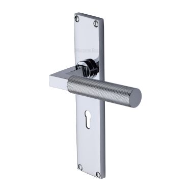 Click Here To Enlarge This Photo Of VT9300-PC Heritage Brass Bauhaus Knurled Lever Lock Door Handle on 200mm Plate Polished Chrome finish
