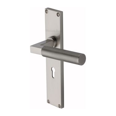 Click Here To Enlarge This Photo Of VT9300-SN Heritage Brass Bauhaus Knurled Lever Lock Door Handle on 200mm Plate Satin Nickel finish