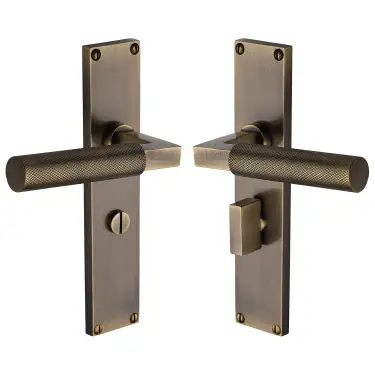 Click Here To Enlarge This Photo Of VT9330-AT Heritage Brass Bauhaus Knurled Bathroom Set Door Handle on 200mm Plate Antique Brass finish