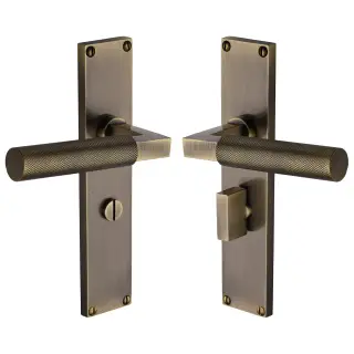 VT9330-AT Heritage Brass Bauhaus Knurled Bathroom Set Door Handle on 200mm Plate Antique Brass finish