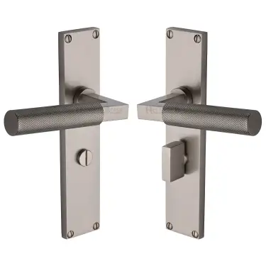 Click Here To Enlarge This Photo Of VT9330-SN Heritage Brass Bauhaus Knurled Bathroom Set Door Handle on 200mm Plate Satin Nickel finish
