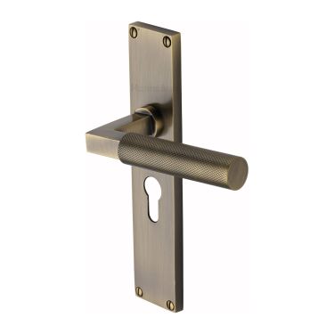 Click Here To Enlarge This Photo Of VT9348-AT Heritage Brass Bauhaus Knurled Euro Profile Door Handle on 200mm Plate Antique Brass finish