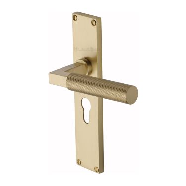 Click Here To Enlarge This Photo Of VT9348-SB Heritage Brass Bauhaus Knurled Euro Profile Door Handle on 200mm Plate Satin Brass finish