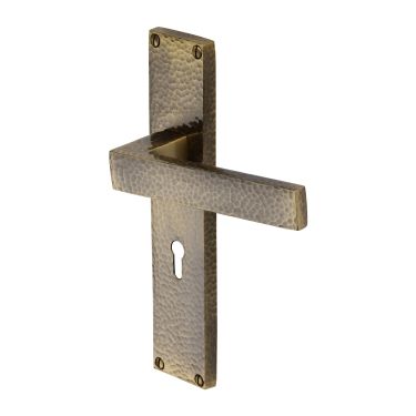 Click Here To Enlarge This Photo Of VTH3300-AT Heritage Brass Delta Hammered Lever Lock Door Handle on 200mm Plate Antique Brass finish