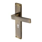 VTH3300-AT Heritage Brass Delta Hammered Lever Lock Door Handle on 200mm Plate Antique Brass finish