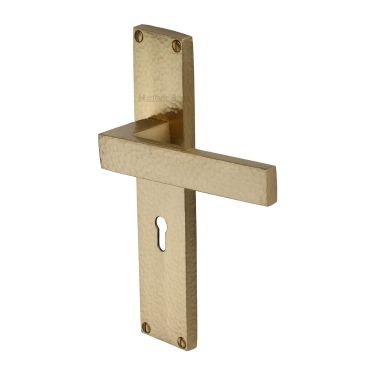 Click Here To Enlarge This Photo Of VTH3300-SB Heritage Brass Delta Hammered Lever Lock Door Handle on 200mm Plate Satin Brass finish