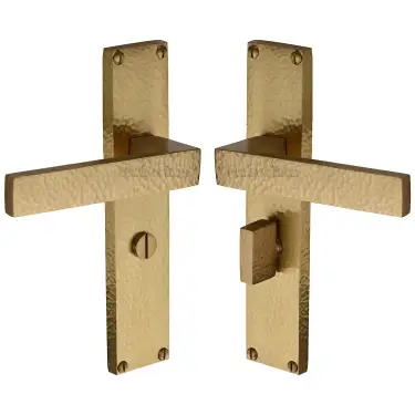 Click Here To Enlarge This Photo Of VTH3330-SB Heritage Brass Delta Hammered Bathroom Set Door Handle on 200mm Plate Satin Brass finish