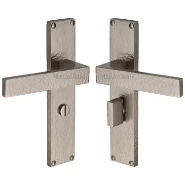 Click Here To Enlarge This Photo Of VTH3330-SN Heritage Brass Delta Hammered Bathroom Set Door Handle on 200mm Plate Satin Nickel finish