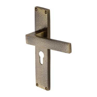 Click Here To Enlarge This Photo Of VTH3348-AT Heritage Brass Delta Hammered Euro Profile Door Handle on 200mm Plate Antique Brass finish