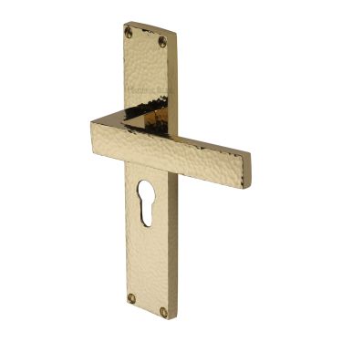Click Here To Enlarge This Photo Of VTH3348-PB Heritage Brass Delta Hammered Euro Profile Door Handle on 200mm Plate Polished Brass finish
