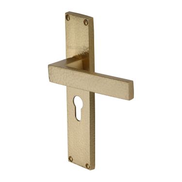 Click Here To Enlarge This Photo Of VTH3348-SB Heritage Brass Delta Hammered Euro Profile Door Handle on 200mm Plate Satin Brass finish