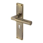 VTH4300-AT Heritage Brass Bauhaus Hammered Lever Lock Door Handle on 200mm Plate Antique Brass finish