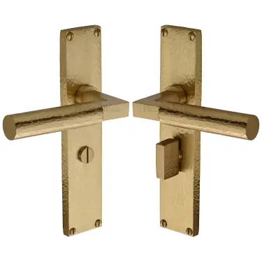 Click Here To Enlarge This Photo Of VTH4330-SB Heritage Brass Bauhaus Hammered Bathroom Set Door Handle on 200mm Plate Satin Brass finish