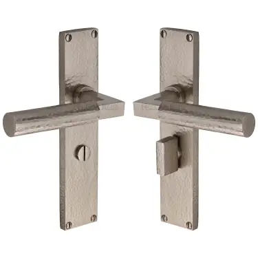 Click Here To Enlarge This Photo Of VTH4330-SN Heritage Brass Bauhaus Hammered Bathroom Set Door Handle on 200mm Plate Satin Nickel finish