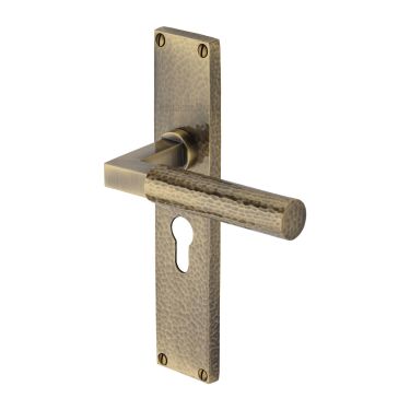 Click Here To Enlarge This Photo Of VTH4348-AT Heritage Brass Bauhaus Hammered Euro Profile Door Handle on 200mm Plate Antique Brass finish