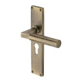 VTH4348-AT Heritage Brass Bauhaus Hammered Euro Profile Door Handle on 200mm Plate Antique Brass finish