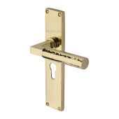 VTH4348-PB Heritage Brass Bauhaus Hammered Euro Profile Door Handle on 200mm Plate Polished Brass finish