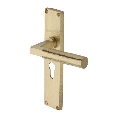 Click Here To Enlarge This Photo Of VTH4348-SB Heritage Brass Bauhaus Hammered Euro Profile Door Handle on 200mm Plate Satin Brass finish