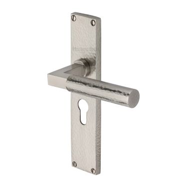 Click Here To Enlarge This Photo Of VTH4348-SN Heritage Brass Bauhaus Hammered Euro Profile Door Handle on 200mm Plate Satin Nickel finish