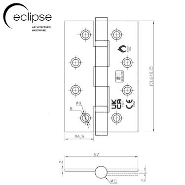 Click Here To Enlarge This Photo Of Eclipse 14341EBP Grade 7 Polished Brass (Stainless Steel) Slim Knuckle Ball Bearing Hinges 102 x 67 x 2mm