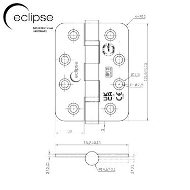 Click Here To Enlarge This Photo Of Eclipse 14869SBP Grade 13 Satin Brass (Stainless Steel) Ball Bearing Radius Corner Hinges 102 x 76 x 3mm