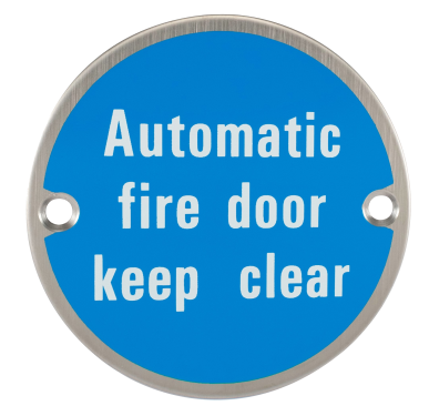 Click Here To Enlarge This Photo Of Eclipse 34685 Satin Stainless Steel 75mm 'Automatic Fire Door Keep Clear' Symbol