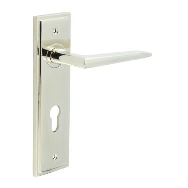 Click Here To Enlarge This Photo Of BUR10KIT168 Frelan Hardware Burlington Mayfair Door Handles on 72mm Din Euro Backplate Polished Nickel