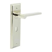 BUR15KIT165 Frelan Hardware Burlington Fitzrovia Door Handles on 57mm Lock Backplate Polished Nickel