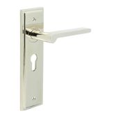 BUR15KIT167 Frelan Hardware Burlington Fitzrovia Door Handles on 47.5mm Euro Backplate Polished Nickel