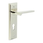 BUR15KIT168 Frelan Hardware Burlington Fitzrovia Door Handles on 72mm Din Euro Backplate Polished Nickel