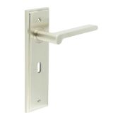 BUR15KIT321 Frelan Hardware Burlington Fitzrovia Door Handles on 57mm Lock Backplate Satin Nickel