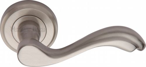 Click Here To Enlarge This Photo Of V1601-SN Heritage Brass Door Handle Lever Latch on Round Rose Lisboa Design Satin Nickel Finish
