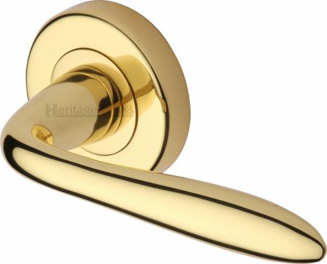 Click Here To Enlarge This Photo Of V1750-PB Heritage Brass Door Handle Lever Latch on Round Rose Sutton Design Polished Brass Finish