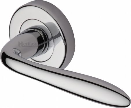 Click Here To Enlarge This Photo Of V1750-PC Heritage Brass Door Handle Lever Latch on Round Rose Sutton Design Polished Chrome Finish