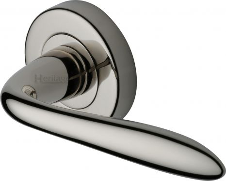 Click Here To Enlarge This Photo Of V1750-PNF Heritage Brass Door Handle Lever on Rose Sutton Design Polished Nickel Finish
