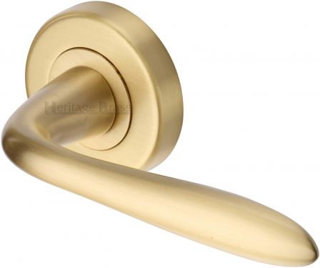 Click Here To Enlarge This Photo Of V1750-SB Heritage Brass Door Handle Lever Latch on Round Rose Sutton Design Satin Brass Finish