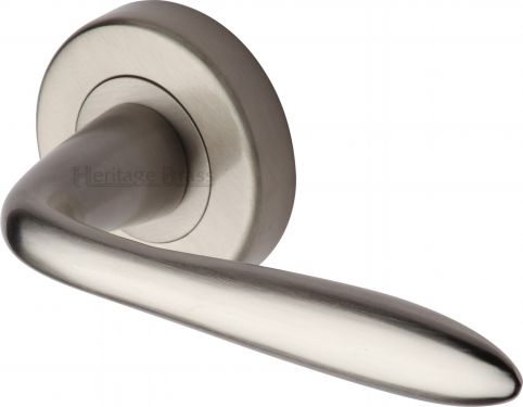 Click Here To Enlarge This Photo Of V1750-SN Heritage Brass Door Handle Lever Latch on Round Rose Sutton Design Satin Nickel Finish