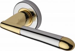 V1850-CB Heritage Brass Door Handle Lever Latch on Round Rose Turin Design Chrome & Brass Finish
