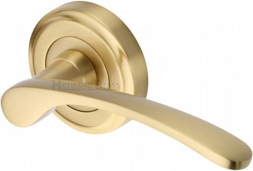 Click Here To Enlarge This Photo Of V1900-SB Heritage Brass Door Handle Lever Latch on Round Rose Sophia Design Satin Brass Finish