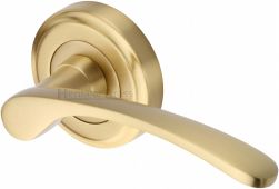 V1900-SB Heritage Brass Door Handle Lever Latch on Round Rose Sophia Design Satin Brass Finish