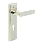 BUR25KIT168 Frelan Hardware Burlington Kensington Door Handles on 72mm Din Euro Backplate Polished Nickel