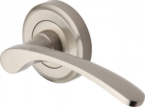 Click Here To Enlarge This Photo Of V1900-SN Heritage Brass Door Handle Lever Latch on Round Rose Sophia Design Satin Nickel Finish