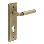 BUR30KIT12 Frelan Hardware Burlington Westminster Door Handles on 72mm Din Euro Backplate Antique Brass