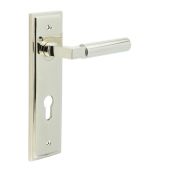 BUR30KIT168 Frelan Hardware Burlington Westminster Door Handles on 72mm Din Euro Backplate Polished Nickel
