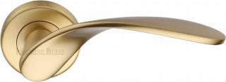 V1950-SB Heritage Brass Door Handle Lever Latch on Round Rose Volo Design Satin Brass Finish