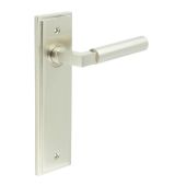 BUR30KIT320 Frelan Hardware Burlington Westminster Door Handles on Latch Backplate Satin Nickel